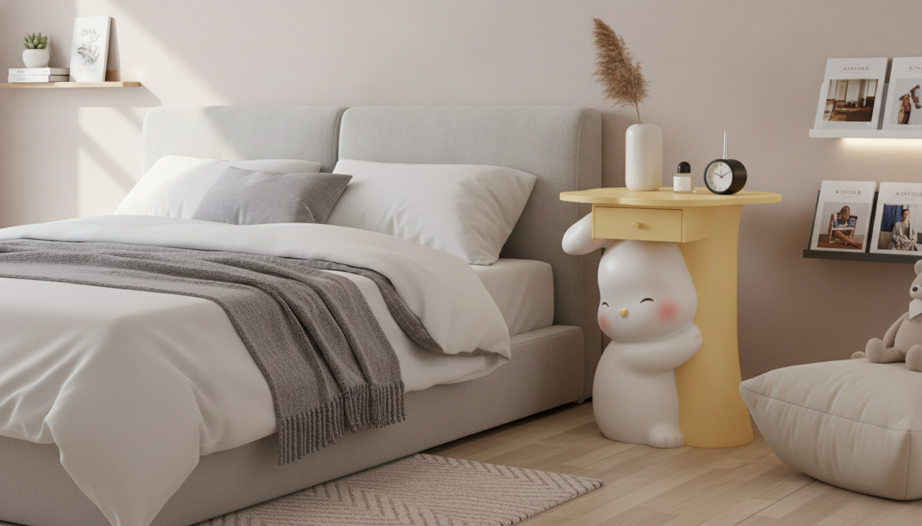 Minimalist Bunny Nightstand: Nordic Cute with Drawer